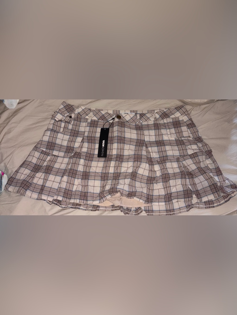 Fashion nova Hangin’ on plaid gauze mini skirt- taupe/combo